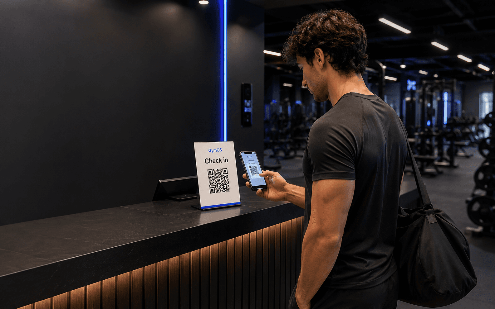 Gym member scanning a GymOS QR check-in code at the gym entrance
